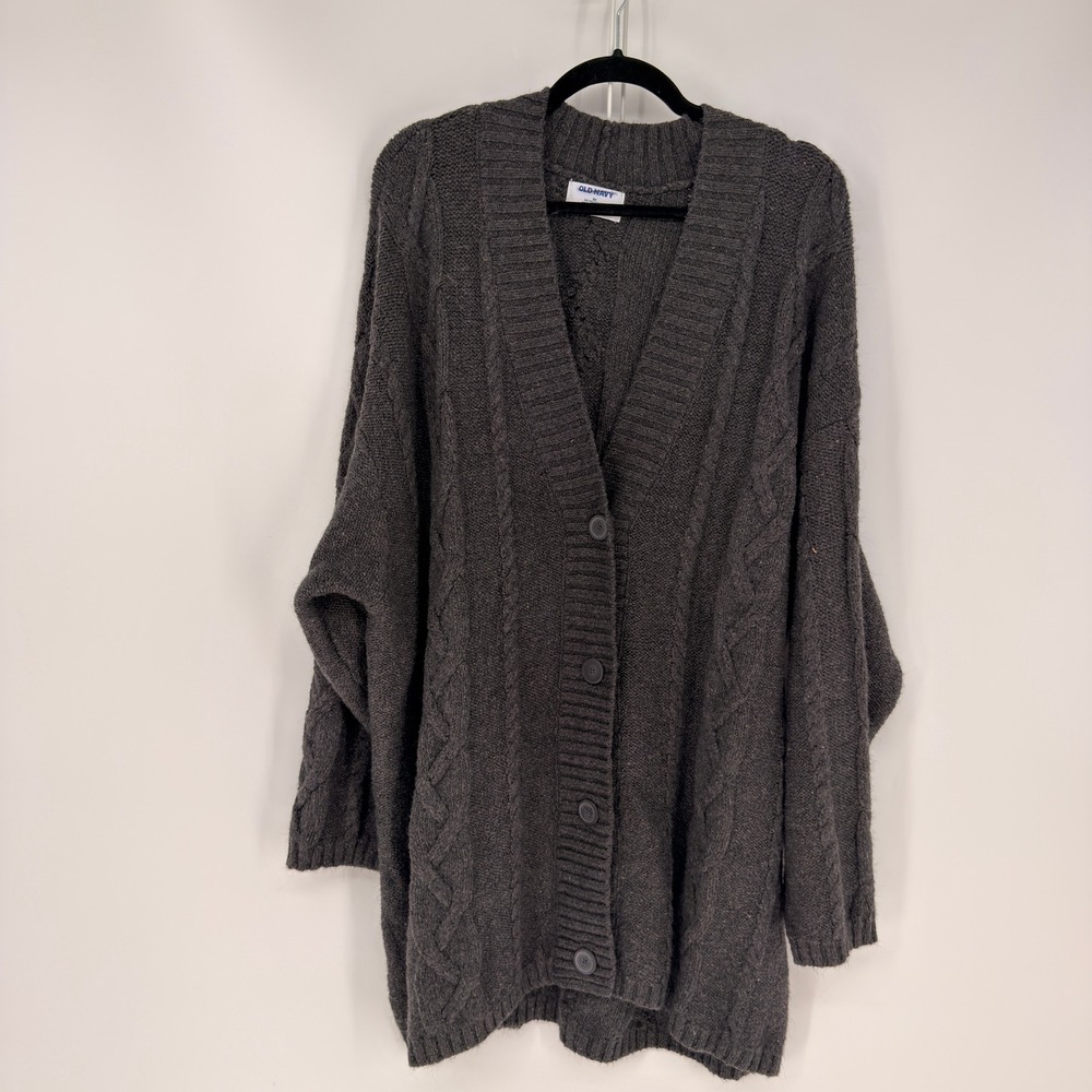Old Navy Cardigan Women 3X Gray Cable Knit Button Front Oversized Grandma Chunky